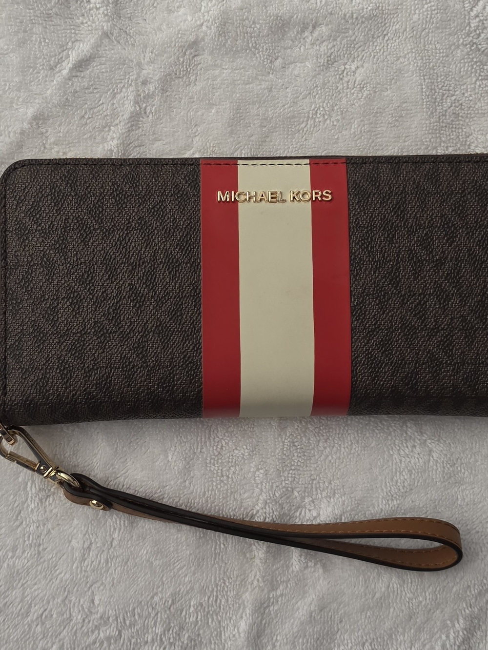 Michael Kors Brown Wristlet Wallet with Red and Cream Stripe